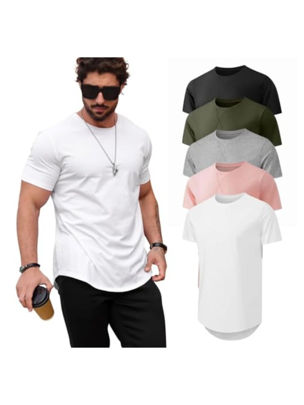 Men's Longline Crewneck T-Shirt Hipster Hip Hop Tee Cotton Polyester